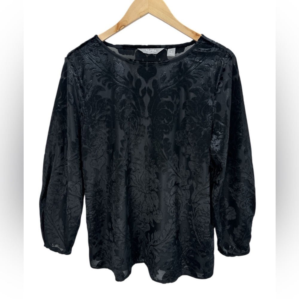 Martha Stewart Black Burnout Velvet Damask Long Sleeve Blouse Top‎ Elegant M